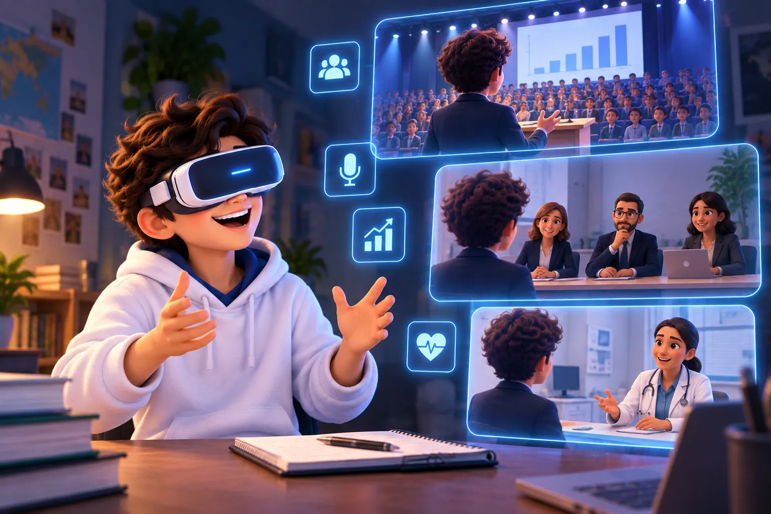 Solution: student practicing a speech in a VR simulation